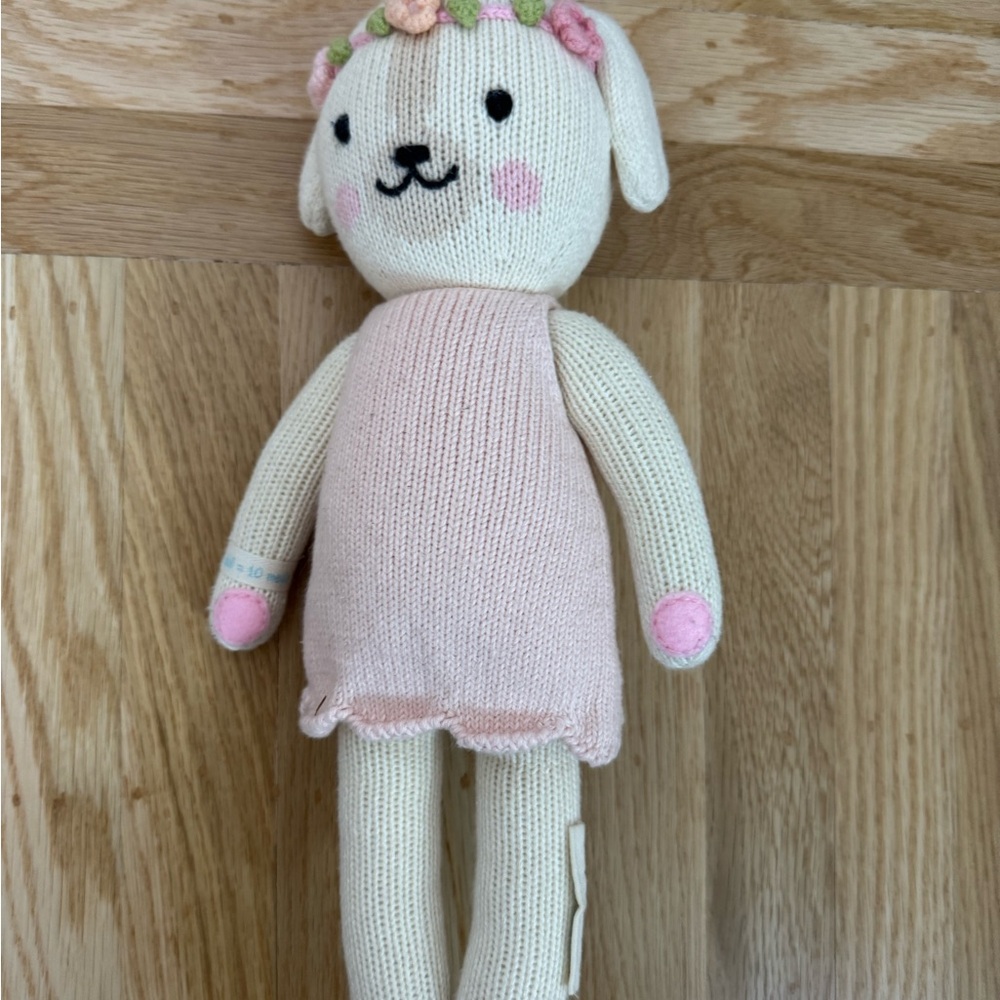 Cuddle + Kind: Hand-Knit Plush Puppy Doll in Cream and Pink